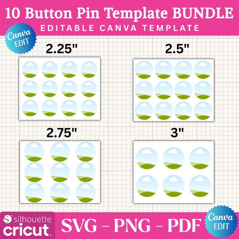 Button Pin Template Bundle svg png pdf, Editable Canva Sizes, diy Craft Supplies, Digital Download
