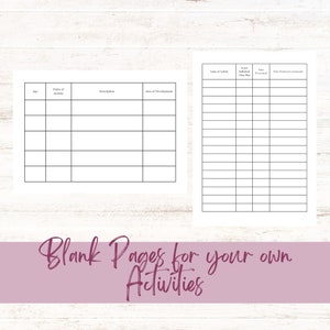 May include: Two printable pages for tracking activities. The first page has columns for age, name of activity, description, and area of development. The second page has columns for name of activity, age, individual class plan, date practiced, date mastered, and additional comments.