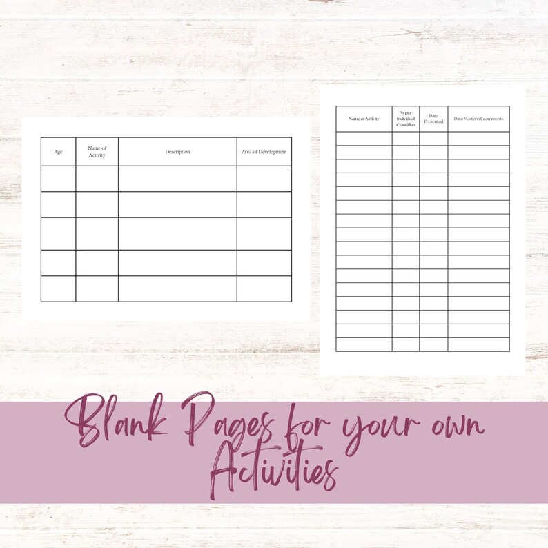 May include: Two printable pages for tracking activities. The first page has columns for age, name of activity, description, and area of development. The second page has columns for name of activity, age, individual class plan, date practiced, date mastered, and additional comments.