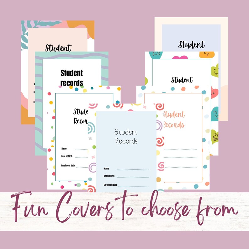 May include: A collection of colorful printable covers for student record books. The covers feature different patterns and designs, including polka dots, swirls, and hearts. The text "Student Records" appears on several of the covers.