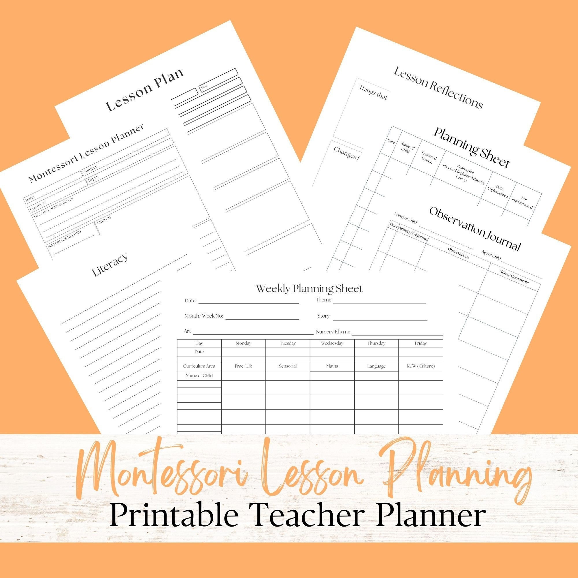 Montessori Lesson Planning Bundle-Montessori Materials-Observational Journal-Weekly Planning Sheets-Lesson Reflections-Planning Sheets