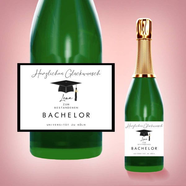 Master Bachelor Abitur Abschluss Flaschenetikett Champagner Sekt  Wein Geschenk Aufkleber Etikett Schulabschluss Staatsexamen Absolventenhut