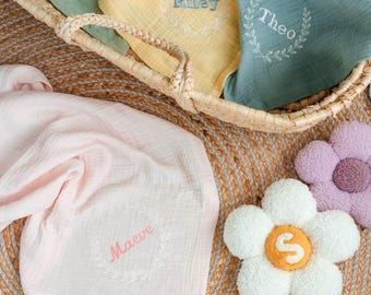 Personalized Muslin Baby Blanket: Embroidered Name Swaddle, Newborn Gift