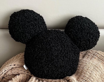 Black Mouse Ears Pillow - Soft Sherpa Plush Mouse Head Cushion, Cozy Kids Room Decor, Fun Pillow for Nursery