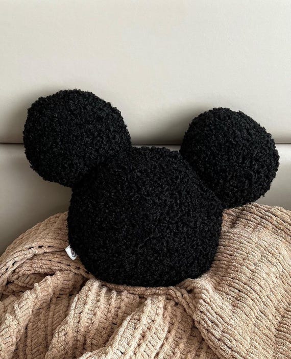 Black Mouse Ears Pillow - Soft Sherpa Plush Mouse Head Cushion, Cozy Kids Room Decor, Fun Pillow for Nursery