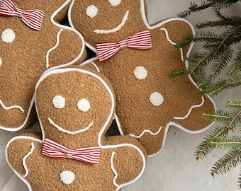 Handmade Teddy Fabric Gingerbread Man Pillow, Christmas Holiday Decor
