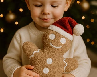 Gingerbread Man Pillow with Santa Hat: Bouclé Christmas Cushion