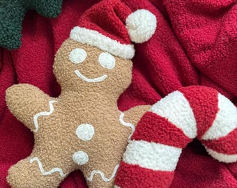 Gingerbread Man Pillow: Handmade Christmas Sherpa Cushion with Santa Hat