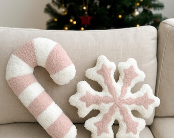 Bouclé Candy Cane & Snowflake Pillow Set – Handmade Christmas Decor