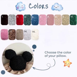 May include: Image showcasing a black Mickey Mouse-shaped pillow with a selection of 15 different sherpa fabric color swatches. The text "Colors" and "Choose the color of your pillow" are also present.