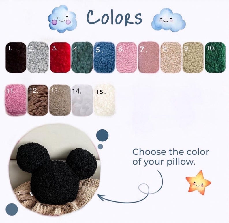 May include: Image showcasing a black Mickey Mouse-shaped pillow with a selection of 15 different sherpa fabric color swatches. The text "Colors" and "Choose the color of your pillow" are also present.