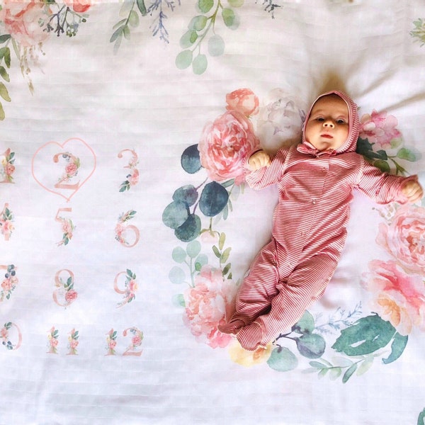 Floral meilensteindecke, baby floral milestone blanket, meilensteindecke baby, couverture étape bébé, fotodecke baby, coperta mesi neonato