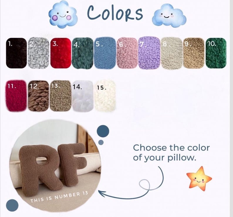 K&ouml;nnte beinhalten: Eine Farbkarte mit f&uuml;nfzehn nummerierten Stoffmustern in verschiedenen Farbt&ouml;nen wie Schwarz, Grau, Rot, Gr&uuml;n, Blau, Rosa, Lila, Beige, Braun und Wei&szlig;. Ein kreisf&ouml;rmiger Ausschnitt zeigt zwei braune, buchstabenf&ouml;rmige Kissen mit der Nummer 13.