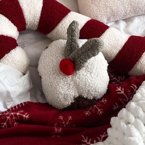 Può includere: Un cuscino a forma di bastoncino di zucchero rosso e bianco con un cuscino a forma di budino bianco e marrone con un palchi di renna grigi in cima. I cuscini sono su una coperta rossa con fiocchi di neve bianchi.