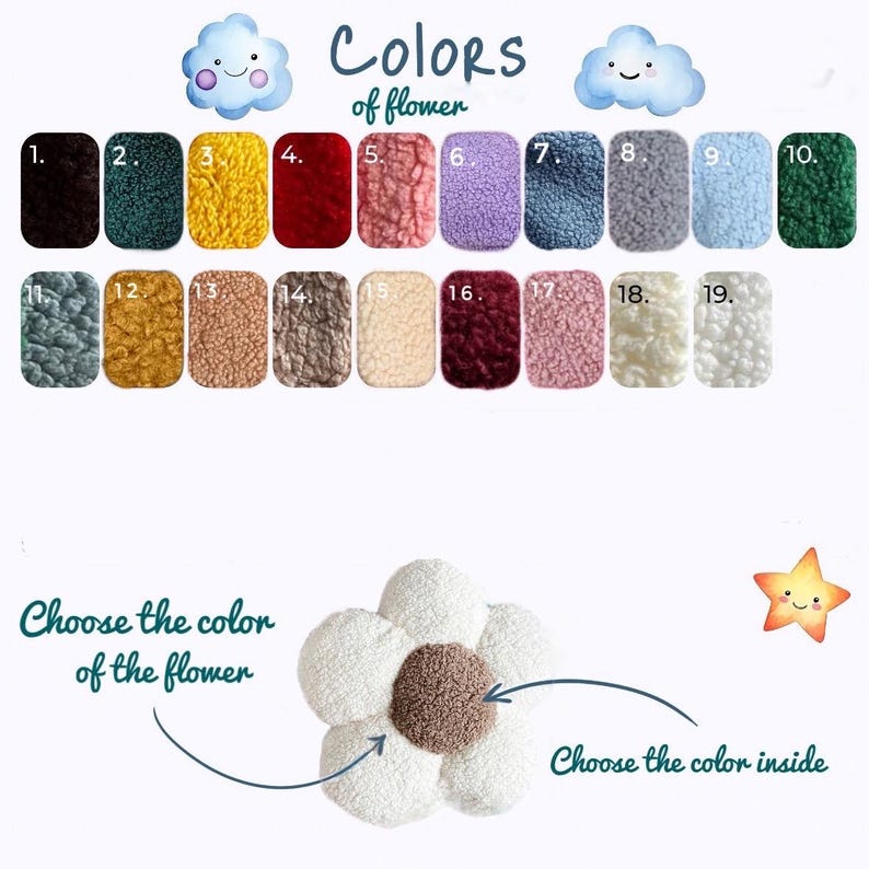 May include: Image showcasing a flower-shaped pillow with a central brown color and white petals. The image includes a color chart with 19 color swatches, labeled 1-19, and the text "Colors of flower". Arrows indicate color selection.