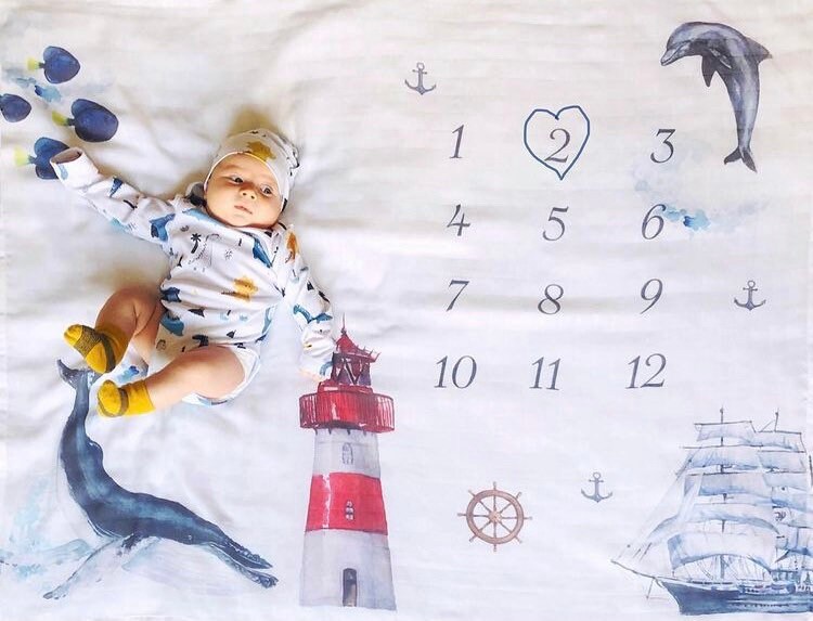 Baby Milestone Swaddle Blanket 47x47" - Muslin Cotton With Monthly Photo Frames For Newborn To 12 Months