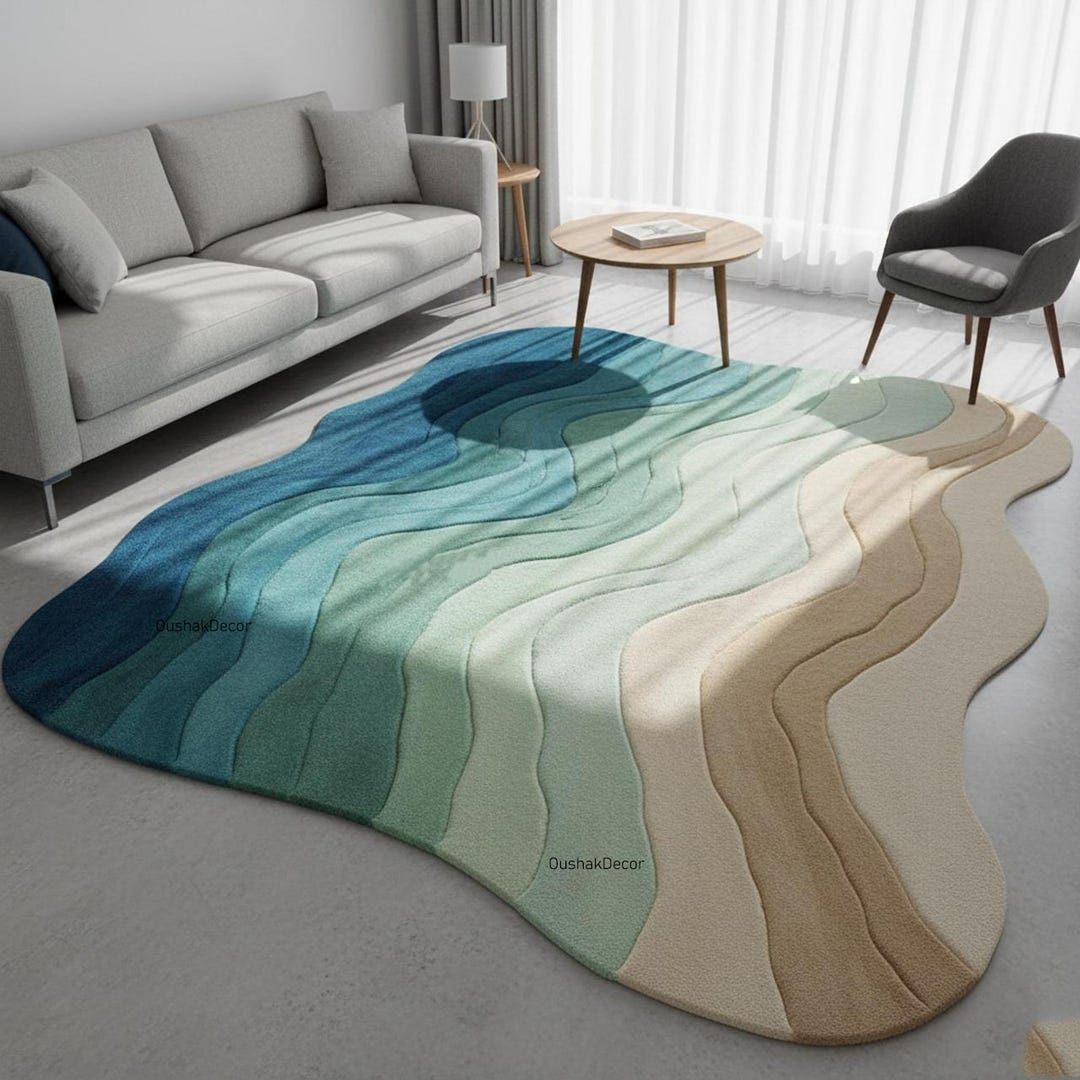Hand Tufted Wool Area Rug | Blue Green Ocean Wave, Coastal Decor - Etsy