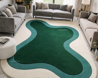 Hand Tufted Wool Area Rug, Organic Wavy Green, Mid Century Modern