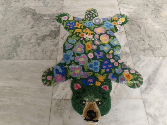 Hand-Tufted Wool Bear Rug, Floral Cottagecore Decor