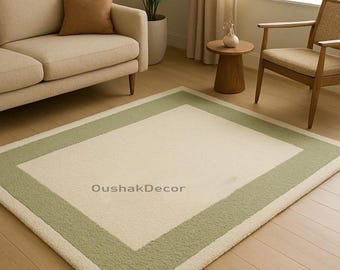 Hand Tufted Wool Rug, Sage Green Border, Modern Ivory Carpet
