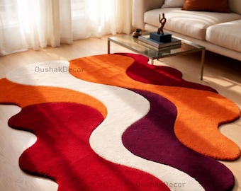 Hand Tufted Wool Rug, Irregular Retro Red Orange Carpet