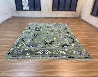 8x10 Handmade Wool Rug: Blue Green Turkish Oushak Floral Carpet Quick Ship