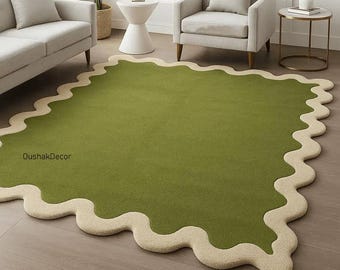 Green Abstract Wool Rug | Hand Tufted Wavy Carpet