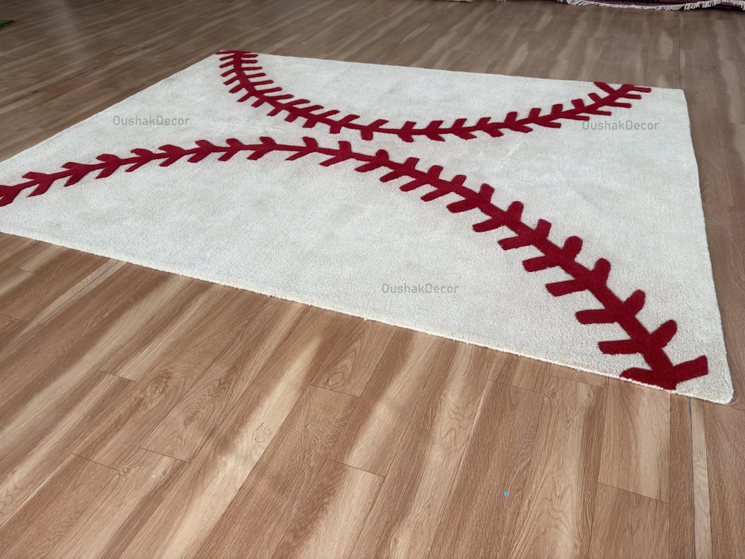 Hand Tufted Wool Area Rug, Red Baseball Stitch, Sport Nursery Decor - Etsy