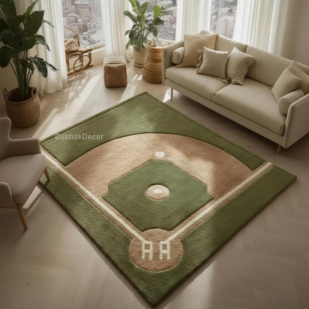 Hand-tufted Wool Baseball Diamond Rug | Green Sports Decor - Etsy