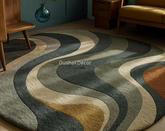 Hand Tufted Wool Area Rug, Round Abstract Wave Design, Modern Nursery Decor