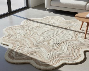 Hand Tufted Wool Area Rug | Irregular Wavy Cloud Shape, Neutral Texture
