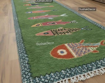 Hand-Knotted Koi Fish Wool Runner Rug – Green Fish Design Turkish Oushak Carpet