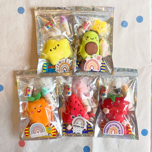 Boys girls party favours,plush toys theme, unisex kids party bags,children's birthday party bags,gifts,treats,fidget toys,vegetarian sweets