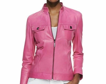 Handmade Women's Lambskin Leather jacket, Pink jacket, Hot jacket Tight jacket vintage jacket Celibrity jacket Motorcycle jacket Girl Jacket