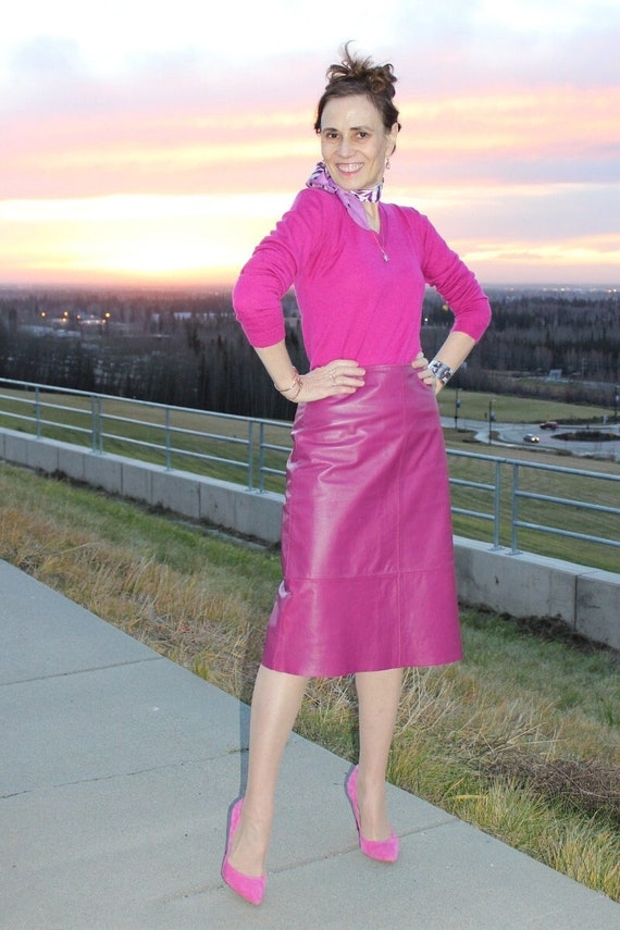 Bright pink top leather skirt