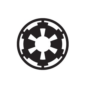 May include: Black and white symbol of the Galactic Empire from Star Wars. The symbol is a circle with a starburst inside.