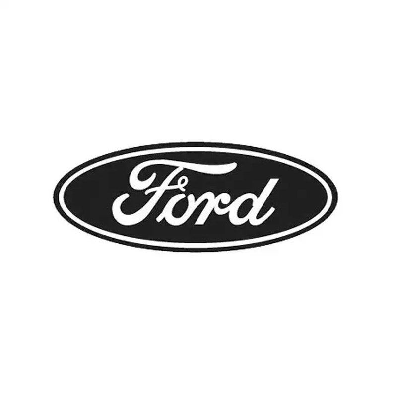 Puede incluir: Logotipo ovalado en blanco y negro con la palabra "Ford" en una fuente cursiva blanca.