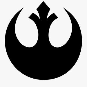 May include: A black graphic of the Rebel Alliance symbol from Star Wars. The symbol is a stylized bird or phoenix shape within a circle, with a central upward-pointing element.