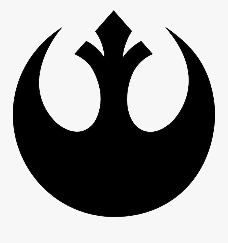 May include: A black graphic of the Rebel Alliance symbol from Star Wars. The symbol is a stylized bird or phoenix shape within a circle, with a central upward-pointing element.