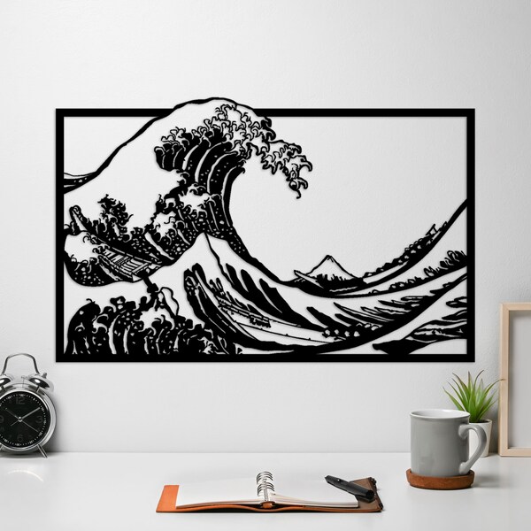 Arte de pared de metal ondulado, decoración japonesa de Hokusai