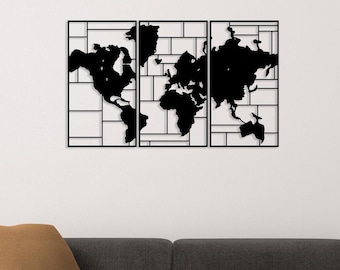 Metal Prints - Abstract Deep Red World Map - 3 Panel Split, Triptych ...