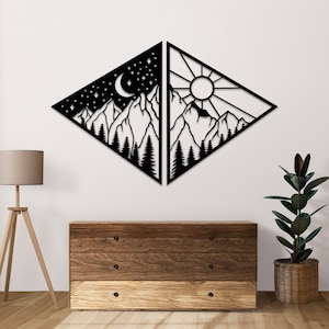 Sun and Moon Metal Wall Art: Ying Yang Mountain Decor