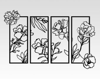 Flowers Metal Line Wall Art: 4-Piece Headboard Decor