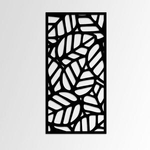 May include: Black decorative panel with a leaf design. The panel features a repeating pattern of stylized leaves, creating a modern and artistic aesthetic. The leaves are cut out, revealing a white background.