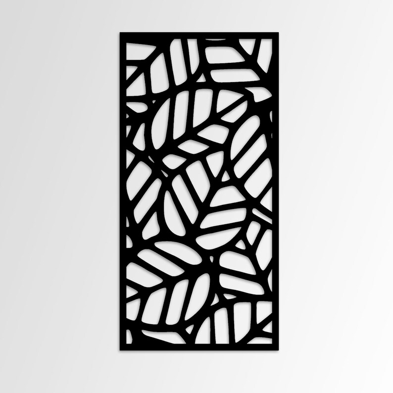 May include: Black decorative panel with a leaf design. The panel features a repeating pattern of stylized leaves, creating a modern and artistic aesthetic. The leaves are cut out, revealing a white background.