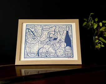 Still Life with Wine - Lino Print