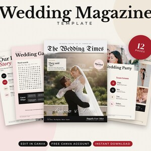 Peut inclure: Un modèle de magazine de mariage de 12 pages avec une couverture intitulée The Wedding Times, une photo de couple, des pages intérieures avec du texte, un jeu de mots mêlés et une liste de cortège. Design aux tons rose, blanc et rouge.