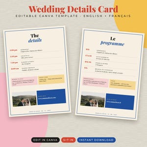 Wedding Details Card Template, Editable Canva, Colorful Modern Info Card, Schedule Hotel Dress Code, Printable, Programme Mariage
