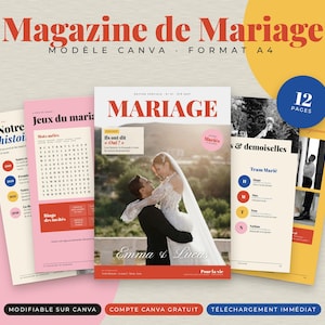 Peut inclure: Un modèle de magazine de mariage numérique au format A4, comprenant 12 pages avec des mises en page pour photos, textes et jeux. La couverture montre un couple s'enlaçant, avec le texte 'MARIAGE' et 'Emma & Lucas'. Inclut des sections sur l'histoire.