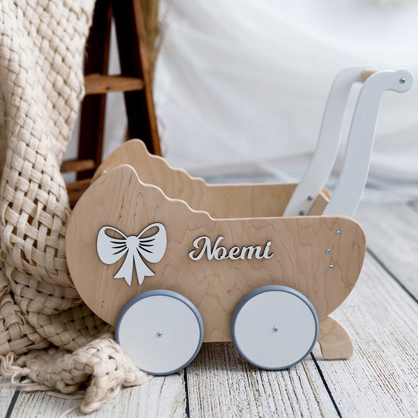Natural - unpainted 1 Year Old Baby, MONTESSORI Wooden Doll Stroller, 1th Birthday Gift, Wooden Toy, Baby Walker, Push Toy,